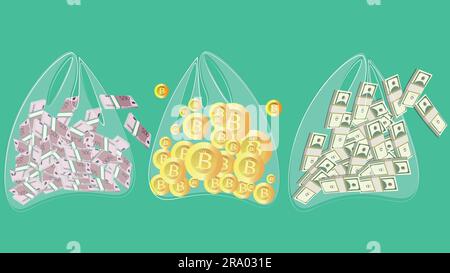 Borse dei soldi. Molti soldi in valigie. Sacchi pieni di dollari ed euro. Borsa piena di bitcoin. Crypto Illustrazione Vettoriale