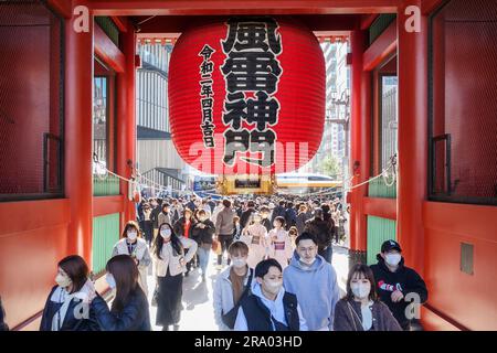 Folla di persone che camminano attraverso un cancello tradizionale giapponese con una grande lanterna rossa, il Kaminarimon ad Asakusa, Tokyo Foto Stock