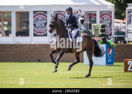 Shawn Casady degli Stati Uniti ha partecipato al Pan American Show a Spruce Meadows a Calgary, Alberta, Canada, il 28 giugno 2023. Foto Stock