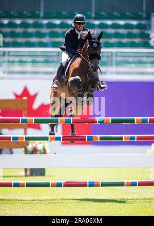 Shawn Casady degli Stati Uniti ha partecipato al Pan American Show a Spruce Meadows a Calgary, Alberta, Canada, il 28 giugno 2023. Foto Stock