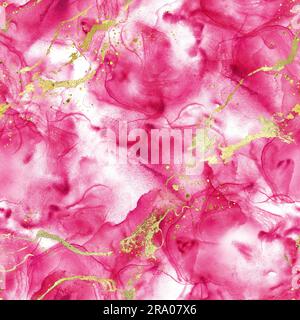 Acquerello astratto grunge sfondo di lusso. Colorazioni di glitter rosa e oro disegnate a mano, spruzzi di elementi motivo senza cuciture. Struttura acquerello. Prin Foto Stock