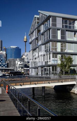 Wharf 8 e Wharf 9, situati sulla costa di Pyrmont Bay con Darling Harbour a est e Darling Island e Jones Bay a ovest. Precedentemente utilizzati per molti decenni come cantieri di carico, i moli sono stati trasformati di recente in un edificio residenziale contenente 104 appartamenti, 54 posti barca e una passerella pubblica. Sydney, Australia. 29 giugno 2008. Foto Stock