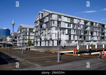 Wharf 8 e Wharf 9, situati sulla costa di Pyrmont Bay con Darling Harbour a est e Darling Island e Jones Bay a ovest. Precedentemente utilizzati per molti decenni come cantieri di carico, i moli sono stati trasformati di recente in un edificio residenziale contenente 104 appartamenti, 54 posti barca e una passerella pubblica. Sydney, Australia. 29 giugno 2008. Foto Stock