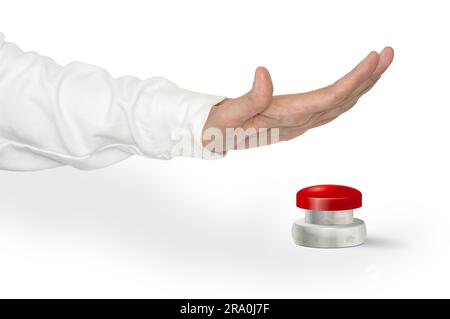 Un uomo che preme con il palmo della mano un grande pulsante rosso di allarme START STOP Foto Stock