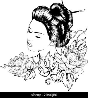 illustrazione vettoriale del disegno del profilo della geisha femminile Illustrazione Vettoriale