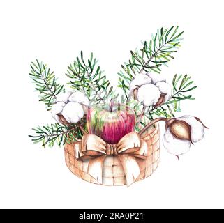 Composizione natalizia in fiore con mela, fiore di cotone, arco ad aghi. Bouquet in cestino con elementi acquerelli isolati sul bianco. Ideale per il design Foto Stock