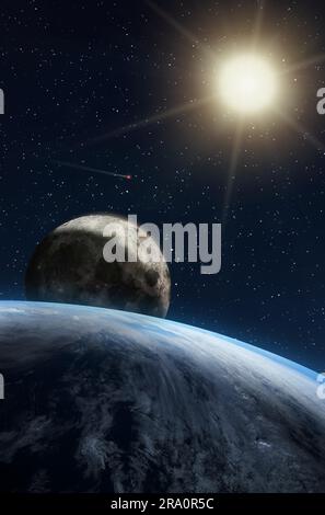 Composizione fantasy del pianeta Terra e del suo satellite naturale, la Luna, con un Sole lucente in un campo di stelle con una cometa. Elementi di questo Foto Stock