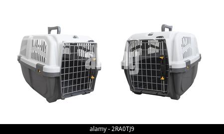 Trasporto in PET per viaggiare isolato su sfondo bianco. Porta-animali con porta chiusa a chiave isolata su bianco. Grande gabbia di supporto in plastica. Foto Stock