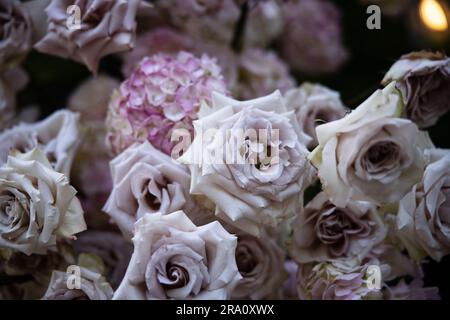 Bellissime composizioni di fiori arrossati per matrimoni con rose, candele e fiato del bambino in un lussureggiante evento con giardino botanico con scale e arco. Foto Stock