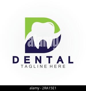 Lettera D iniziale con icona dentale a forma di logo vettoriale disegno illustrazione adatto per la salute dentale, clinica dentista, cure dentali. Illustrazione Vettoriale