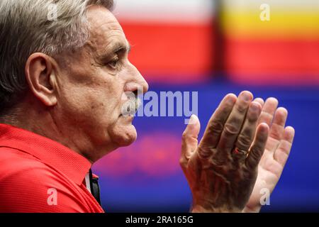 Cracovia, Polonia. 27 giugno 2023. Zbigniew Necek, allenatore della Polonia Bajor di Natalia applaude durante la partita individuale femminile della Medaglia di bronzo al Ping Tennis nel palazzetto dello sport di Hutnik durante i 3° Giochi europei. Credito: SOPA Images Limited/Alamy Live News Foto Stock