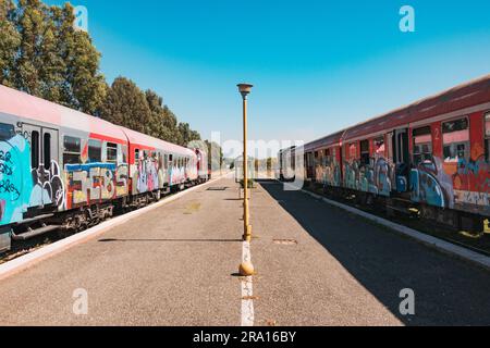 Locomotive diesel e vecchie carrozze coperte di graffiti aspettano di partire alla stazione ferroviaria di Durrës, sulla costa albanese Foto Stock