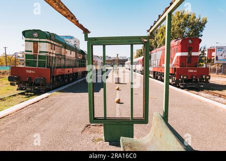 Locomotive diesel e vecchie carrozze coperte di graffiti aspettano di partire alla stazione ferroviaria di Durrës, sulla costa albanese Foto Stock