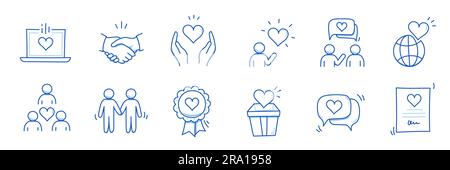 Mano di carità, icona della linea del doodle della comunità di fiducia. Comunità di carità, la collaborazione, la gente il concetto di solidarietà il set dell'icona. Linea di stile di schizzo a mano disegnata a mano. Illustrazione vettoriale Illustrazione Vettoriale