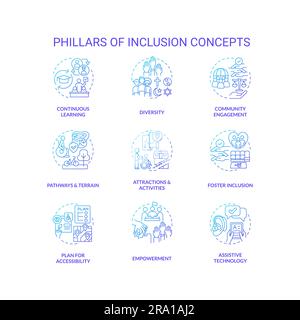 Set di icone concettuali dei pilastri di inclusione sfumatura blu Illustrazione Vettoriale