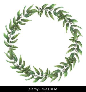 Wreath verde acquerello. Foglie e rami, illustrazione disegnata a mano. Sfondo floreale. Foto Stock