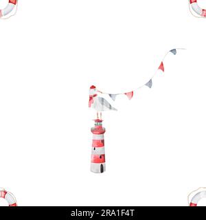 Grazioso sfondo ad acquerello con faro e gabbiani, salvagente e bandiere. Motivo infantile senza cuciture. Acquerello illustrazione nautica su bianco Foto Stock