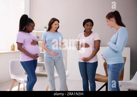 Discussione di gruppo incinta. Donne riunione amici. Stile di vita in gravidanza Foto Stock