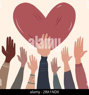 Poster con persone volontarie con mani alzate e sfondo a forma di cuore rosso.donazione benefica.supporto e assistenza. Comunità multiculturale Illustrazione Vettoriale