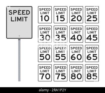 Illustrazione vettoriale della segnaletica stradale American Speed Limit su palo metallico (numeri facilmente modificabili) Illustrazione Vettoriale