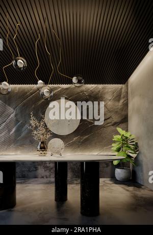 Moderna sala da pranzo dal design contemporaneo, con tonalità naturali sulla sala, sulle pareti, sul pavimento e sul soffitto. illustrazione del rendering 3d. Foto Stock