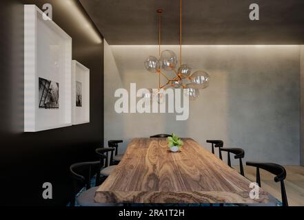 Moderna sala da pranzo dal design contemporaneo, con tonalità naturali sulla sala, sulle pareti, sul pavimento e sul soffitto. illustrazione del rendering 3d. Foto Stock