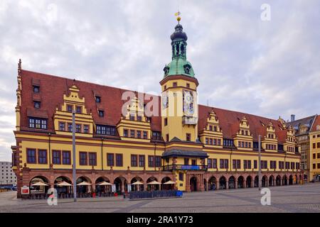 Mercato di Lipsia con stemma della città sul marciapiede di fronte al Municipio della città vecchia, oggi Museo di storia della città di Lipsia, Germania, Sassonia, Lipsia Foto Stock