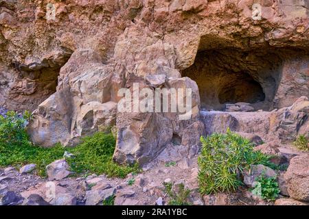 Grotta vivente e di stoccaggio della fortezza di la Fortaleza nel Barranco de Tirajana, Isole Canarie, Gran Canaria Foto Stock