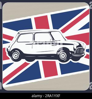 Illustrazione in stile retrò di una piccola auto sportiva britannica contro la bandiera del Regno Unito Illustrazione Vettoriale