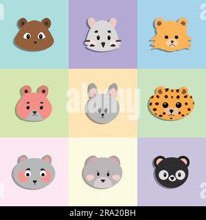 Collezione di teste di animali animati in stile icona piatta su sfondo a griglia colorata Illustrazione Vettoriale