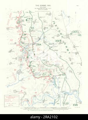 Somme, 1 luglio 1916. Attacco e obiettivi, Battaglia di Albert. Mappa trincee 1932 Foto Stock