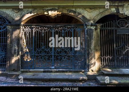 Cancelli in ferro battuto alle cripte del Cimitero di Elias a Dresda. Le bare erano impilate in una camera di sepoltura murata nella terra. A differenza delle tombe di terra, ciò comporta un significativo fastidio di odori. Il Cimitero Elias di Dresda, in Germania, è stato dismesso dal 1876 e chiuso dal 1924 Foto Stock