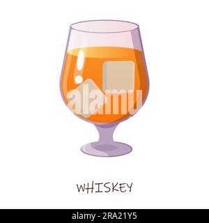 Whiskey in un bicchiere con ghiaccio. Illustrazione vettoriale. Sfondo bianco isolato. Illustrazione Vettoriale