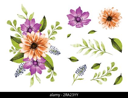 Bouquet di fiori e foglie, acquerello dipinto floreale su sfondo isolato Illustrazione Vettoriale