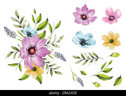 Bellissimo bouquet di fiori isolati e foglie in stile acquerello Illustrazione Vettoriale