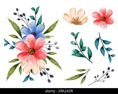 Set botanico di fiori e foglie, bouquet floreale ad acquerello su sfondo isolato Illustrazione Vettoriale