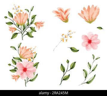 Bouquet di rami di fiori selvatici con pittura ad acquerello con magnolia, ibisco e foglie Illustrazione Vettoriale