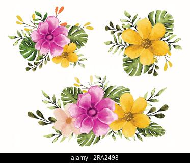 Bouquet floreale con fiori e foglie in stile acquerello Illustrazione Vettoriale