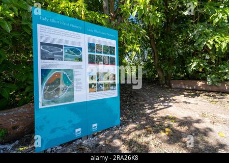 Cartello informativo riguardante il vivaio di piante autoctone, Lady Elliot Island, Queensland, Australia Foto Stock