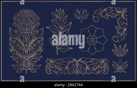 Foglia di alloro floreale in art nouveau 1920-1930. Disegnato a mano in stile art nouveau lineare con trame di linee, foglie e fiori. Illustrazione Vettoriale