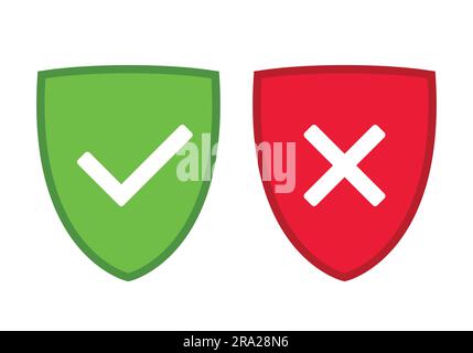 Scudo verde e rosso con segno di spunta OK e simbolo dell'icona X X, illustrazione vettoriale Illustrazione Vettoriale
