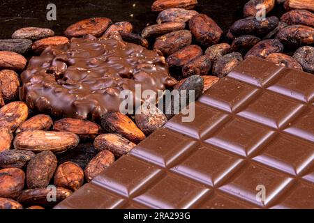 Tavoletta di cioccolato al latte accompagnata da biscotti immersi nel cioccolato e da diversi ingredienti. Foto Stock