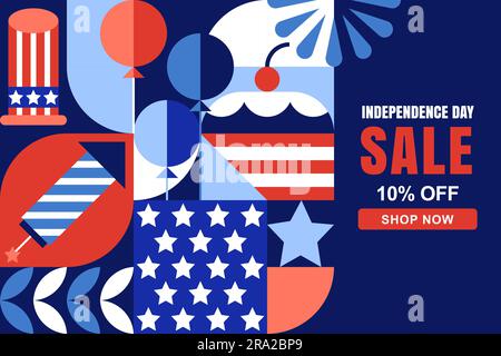 Banner, poster per la vendita del giorno dell'indipendenza degli Stati Uniti. 4 luglio motivo geometrico a blocchi di colore con bandiera americana e simboli su sfondo blu navy. fla vettoriale Illustrazione Vettoriale