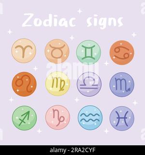 Icone dei segni zodiacali astrologici colorate. Astrologia fortuna 12 zodiaci. Illustrazione Vettoriale