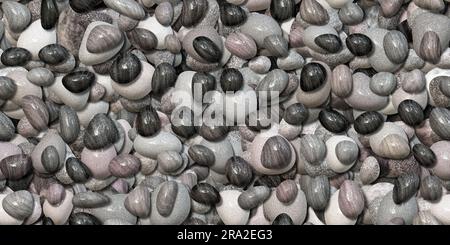 Trama dello sfondo di piccoli ciottoli di pietra in grigio naturale senza cuciture. Splendido motivo di ripetizione della carta da parati widescreen con rocce di ghiaia zen lucide e lisce. Hig Foto Stock