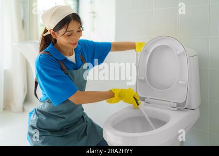 La casalinga asiatica orientata ai dettagli strofina e pulisce diligentemente la ciotola del bagno della sua casa, garantendo la massima igiene e un ambiente fresco e accogliente Foto Stock