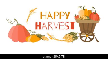 Illustrazione vettoriale del poster "Happy Harvest". Scritta autunnale con zucche, grano, frutta e verdura Illustrazione Vettoriale