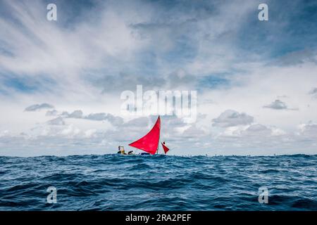 Brasile, Nordeste, Recife, pescatori sulla loro tradizionale barca a vela da pesca, jangada con le sue vele rosse Foto Stock