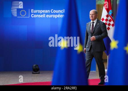 Bruxelles, Belgio. 29 giugno 2023. Il Cancelliere tedesco Olaf Scholz arriva per il Consiglio europeo di Bruxelles, in Belgio, il 29 giugno 2023. Crediti: Zheng Huansong/Xinhua/Alamy Live News Foto Stock