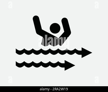 Icona di affogamento della corrente d'acqua rapida. Braccio di salvataggio rischio di sollevamento Freccia flusso Gush Sweep sicurezza vittima. Grafica Clipart bianco e nero simbolo EPS vettore Illustrazione Vettoriale